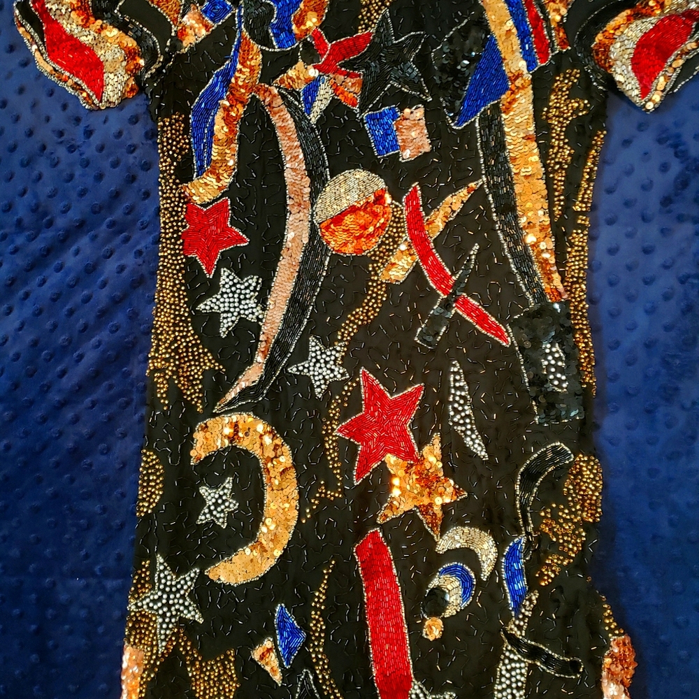 Red black blue and gold sequins dress